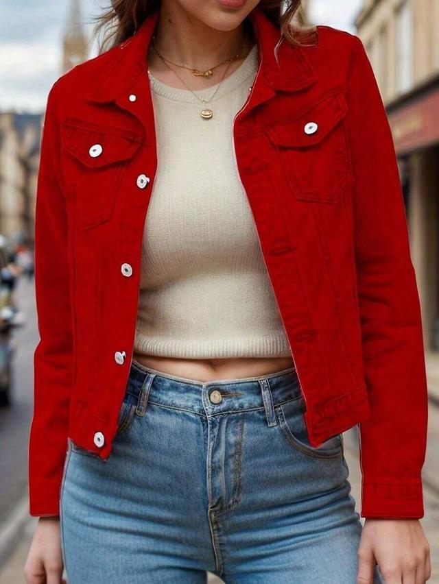 women's casual red denim jacket