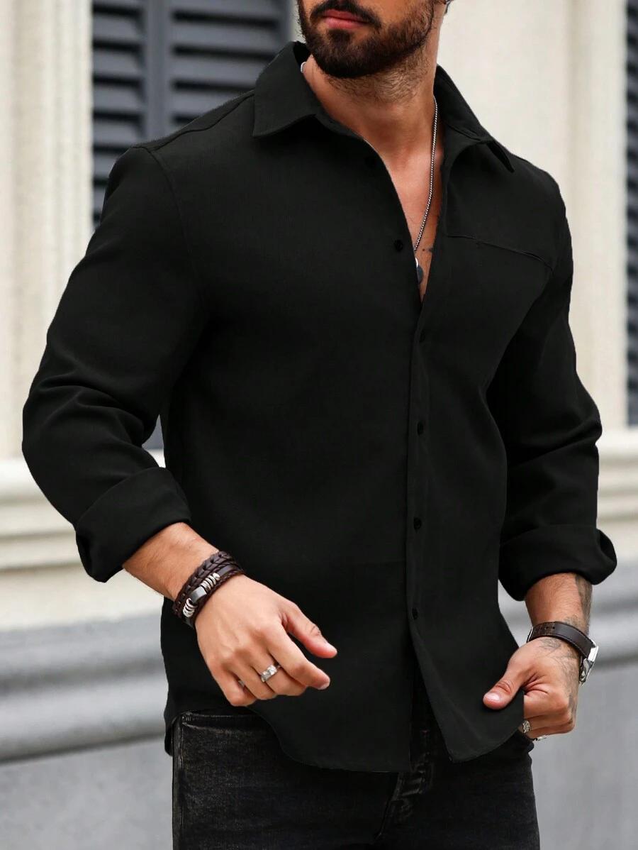 manfinity casualcool solid black long sleeve button-up shirt