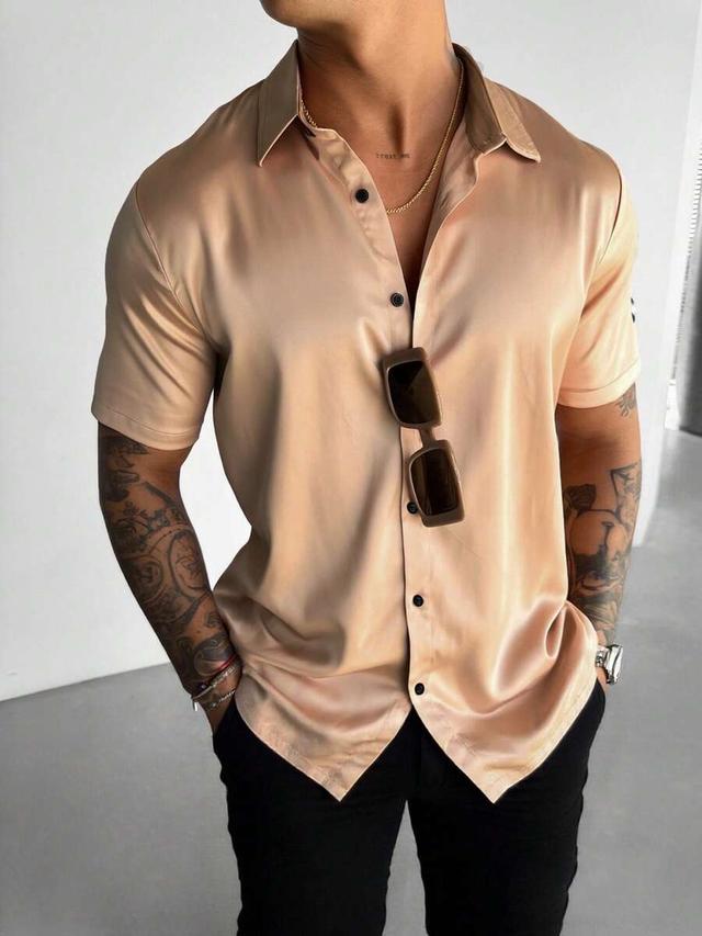 beige single-breasted satin short sleeve shirt