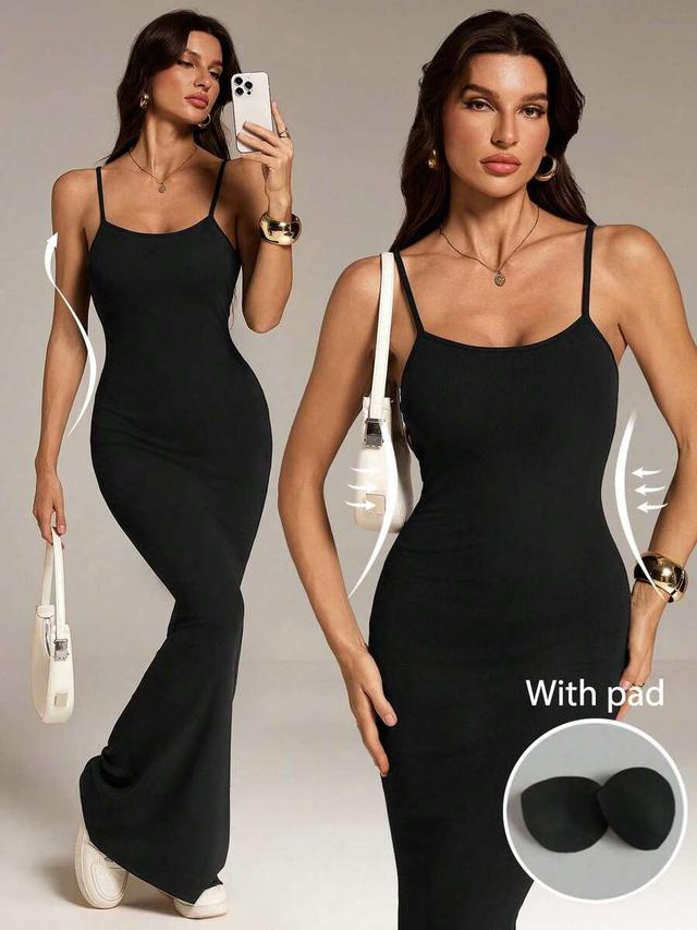 black stretchy long dress with built-in bra