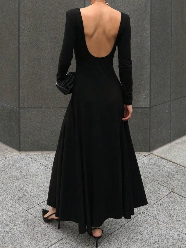 black long sleeve waisted a-line backless dress
