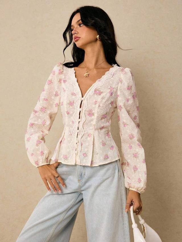 floral embroidered puff sleeve button down blouse