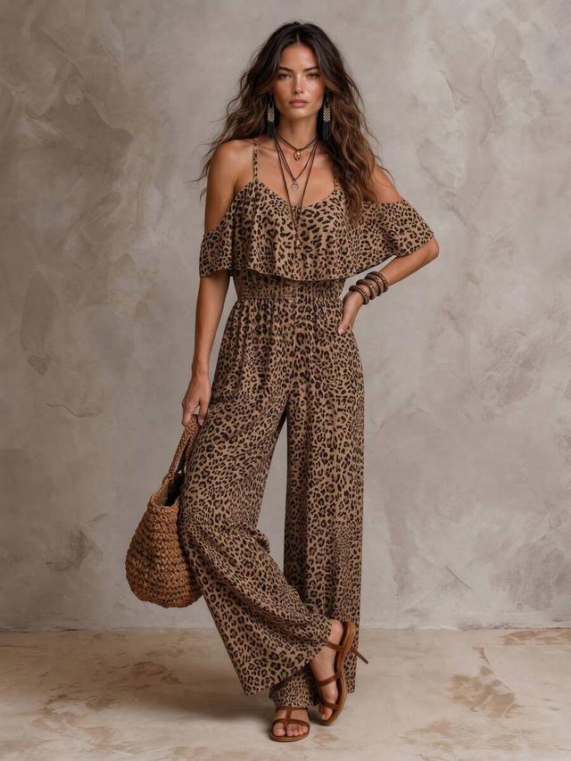 leopard print spaghetti strap cold shoulder jumpsuit