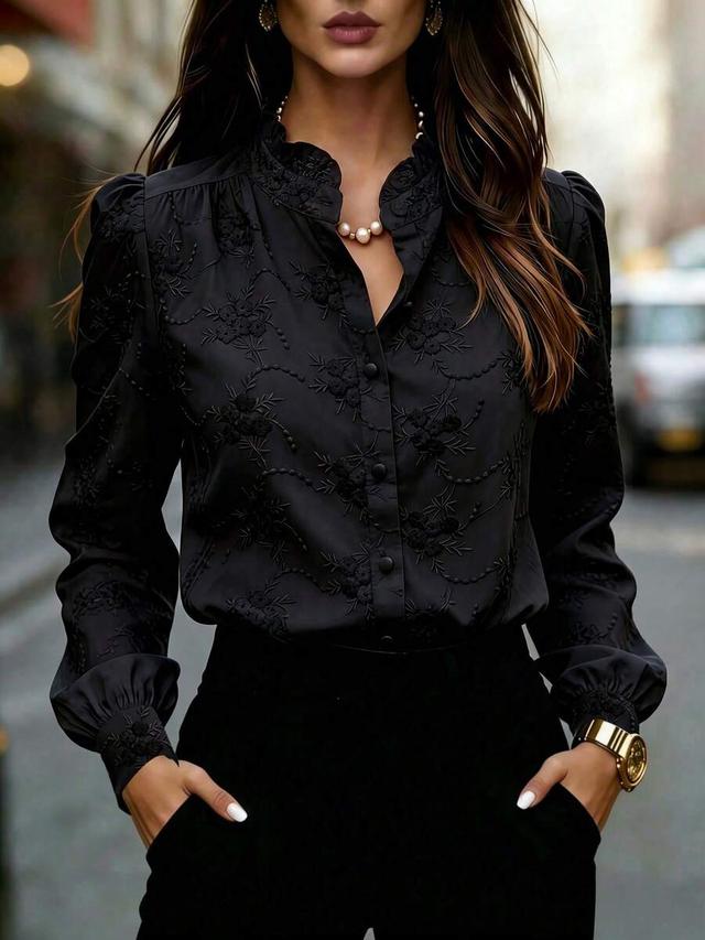 black floral embroidered long sleeve button-up blouse