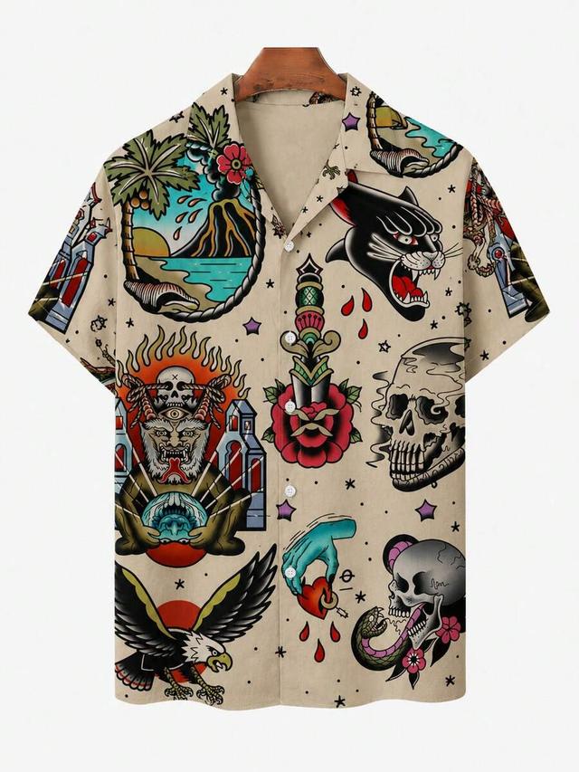 beige tropical skull print short sleeve button up shirt
