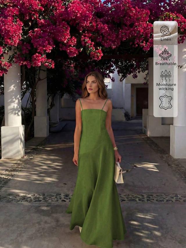 solid green linen spaghetti strap casual maxi dress
