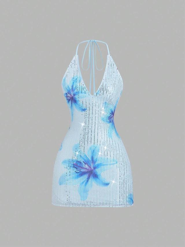 light blue floral sequin halter mini dress