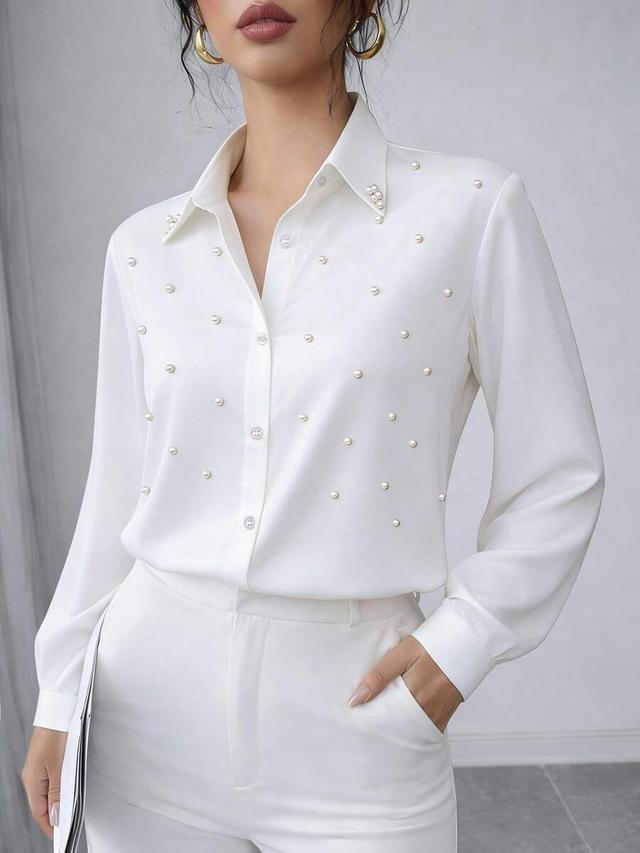 white faux pearl embellished long sleeve button down blouse