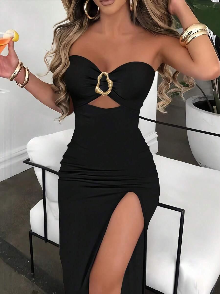 black strapless cutout midi dress with gold hardware