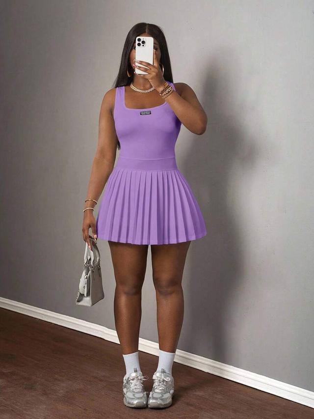 purple sleeveless pleated mini dress with logo patch