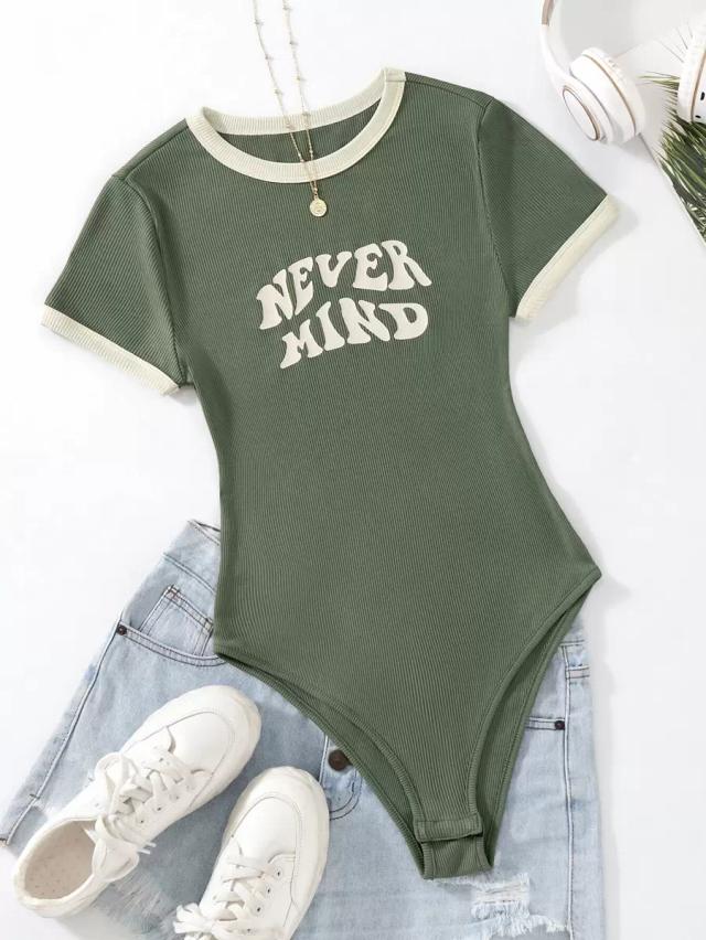 gloveve slogan graphic contrast trim ribbed bodysuit