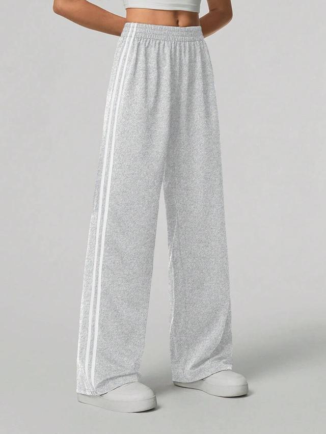 grey casual contrast side striped wide leg trousers