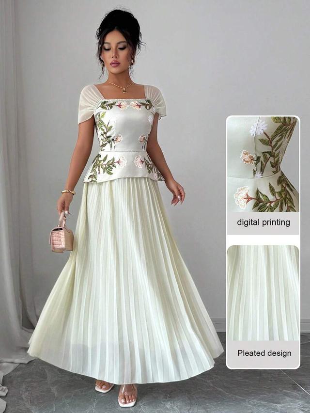 modelyn digital print patchwork pleated short sleeve long dress
