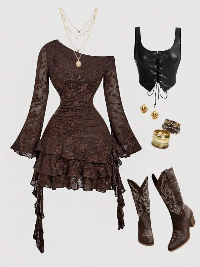dark brown asymmetrical ruffle lace mini dress