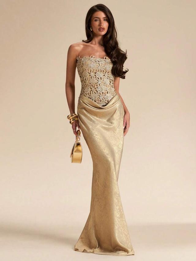 gold floral lace textured bustier bodycon maxi dress