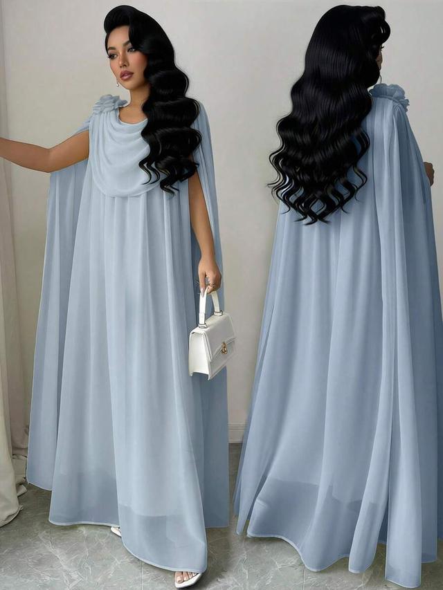 elegant blue draping chiffon flowing hem dress