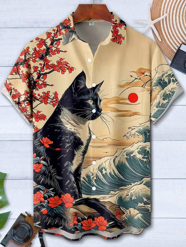 japanese ukiyo-e plum blossom cat print aloha shirt