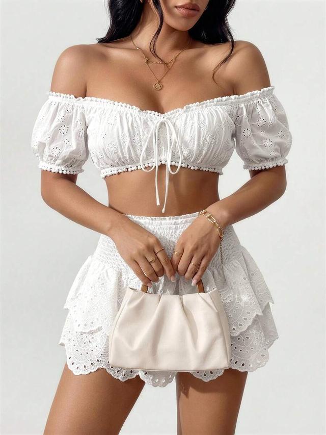 white floral eyelet off shoulder cropped tie front top