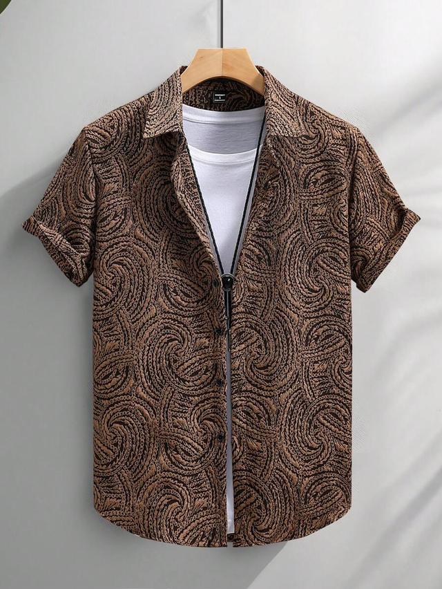 brown checkered summer boho knitted short-sleeved lapel shirt
