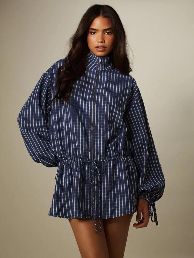striped zip front funnel neck mini dress
