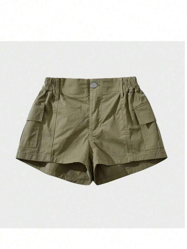 olive green elastic waist cargo mini shorts