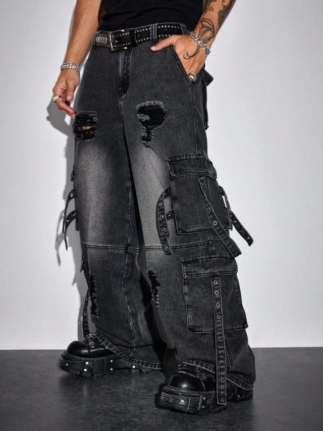 washed black distressed punk cargo jeans