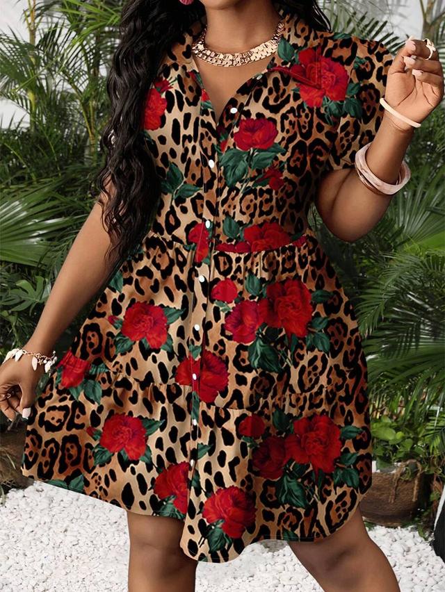 leopard and rose print button-down tiered shirt dress