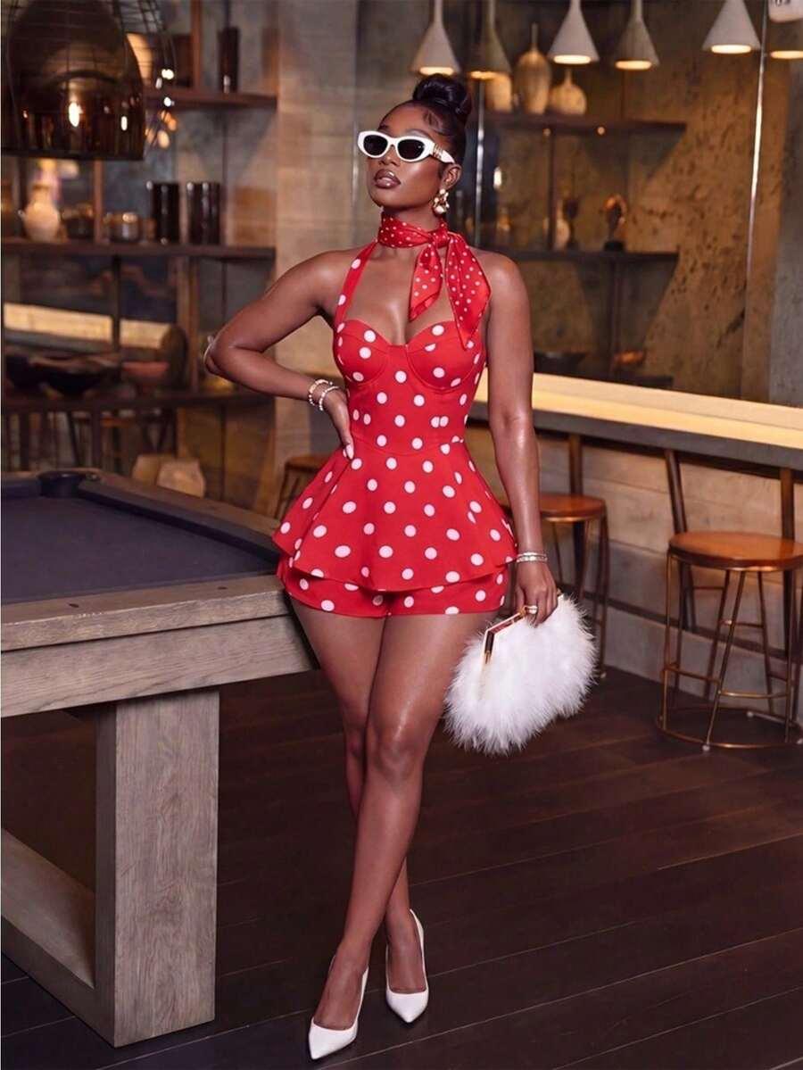 red polka dot halter neck jumpsuit shorts