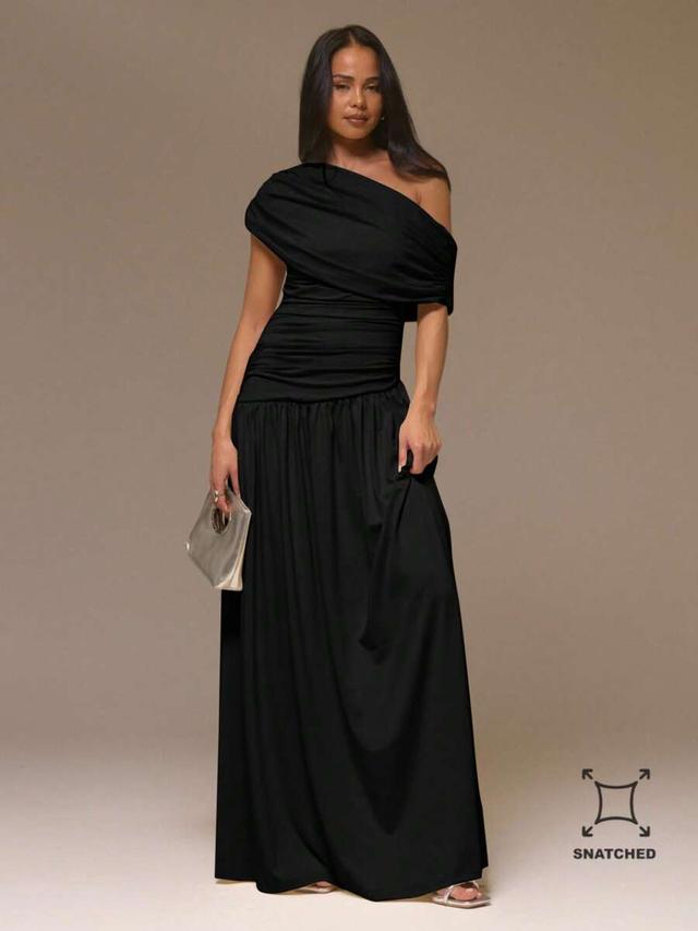 musera ruched asymmetrical shoulder drape cinched waist maxi dress