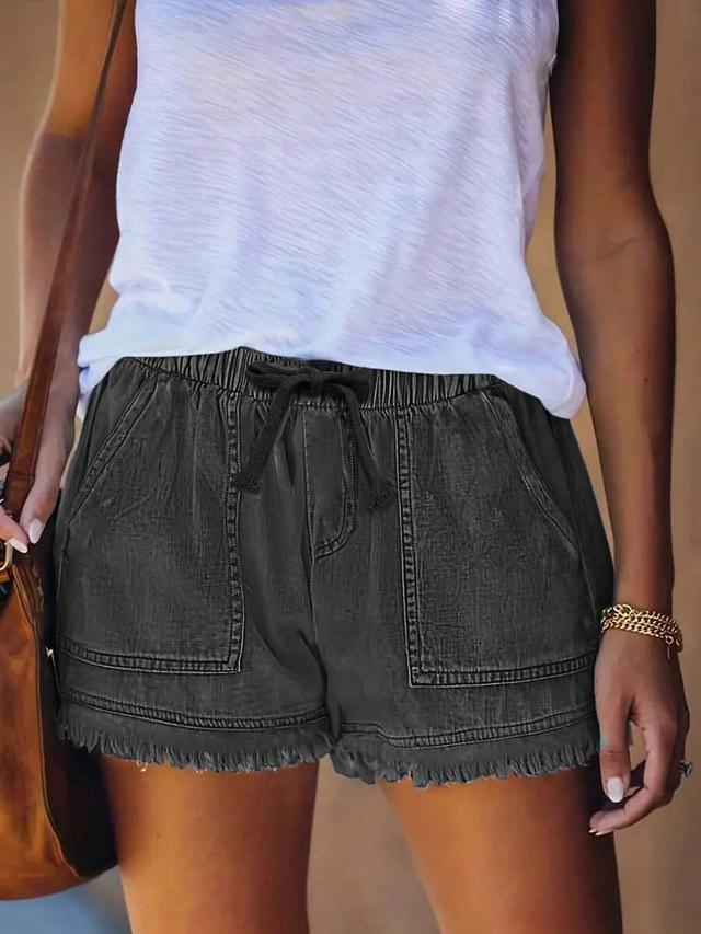 women's elastic waist frayed hem denim shorts