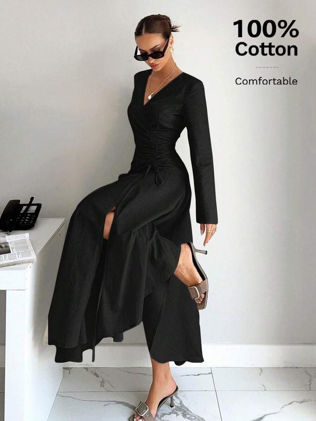 siren gaze black cotton linen pleated asymmetrical long sleeve dress