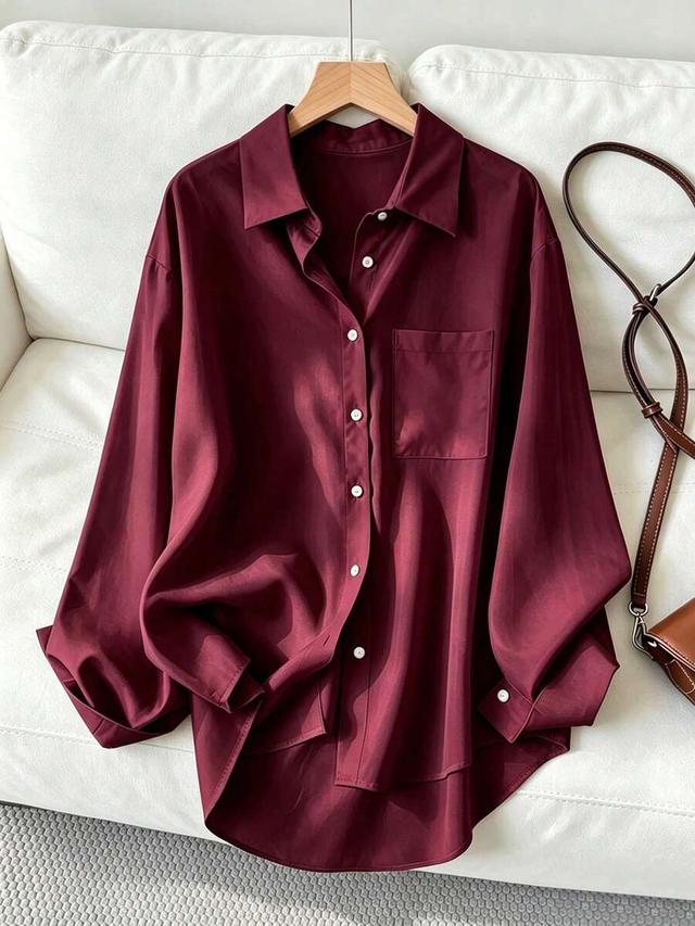 women's casual loose long sleeve shirt in burgundy