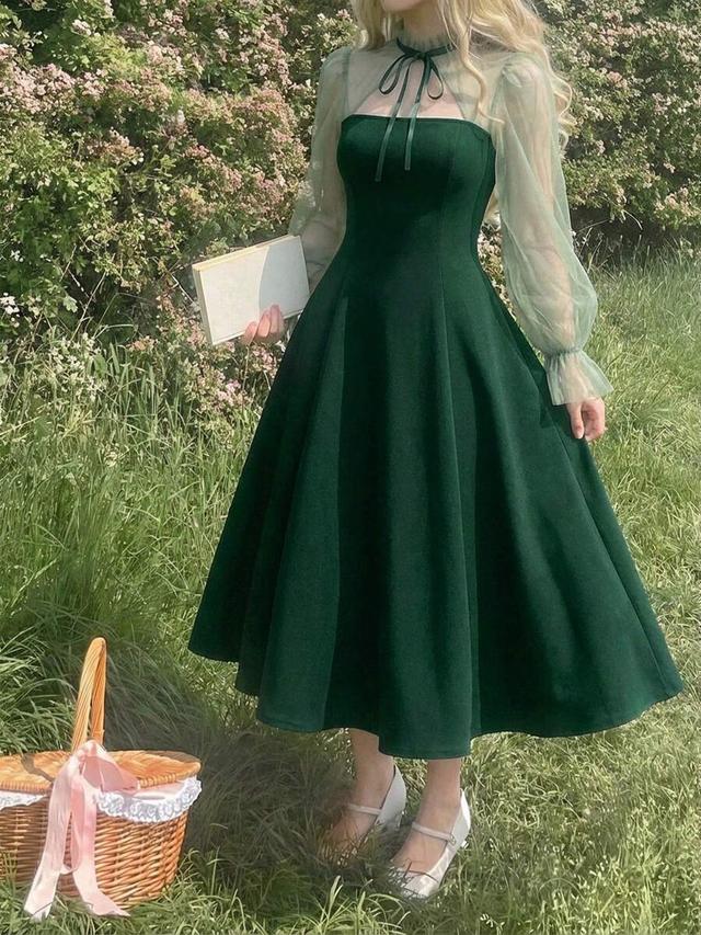 dark green shein mod contrast mesh flare sleeve tie neck dress