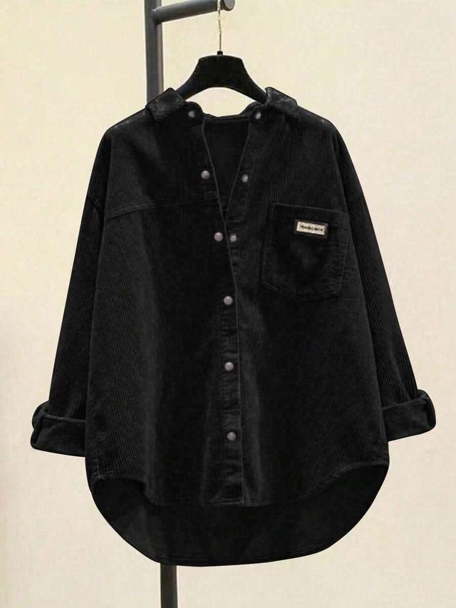 women's casual solid color corduroy single-breasted shirt black