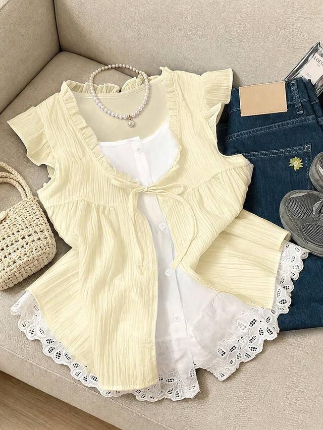 white sleeveless patchwork lace ruffle flutter sleeve blouse