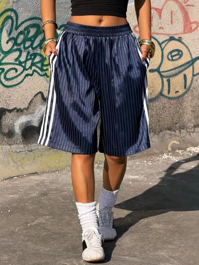 navy blue striped satin bermuda shorts with side tape