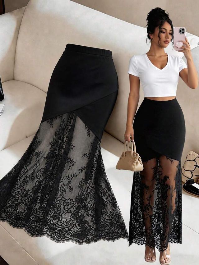 black floral lace patchwork high waist midi skirt