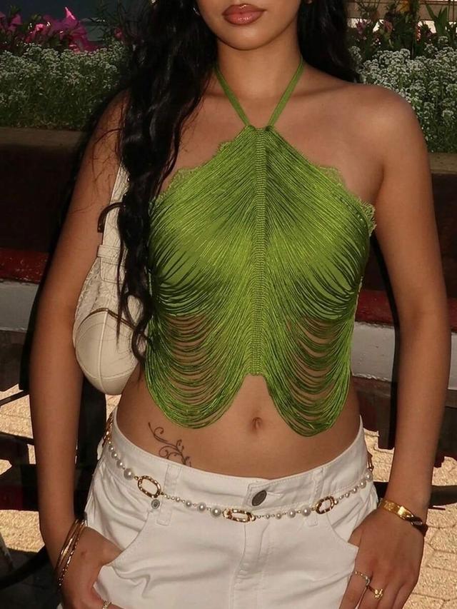 olive green halter neck tassel fringe crop top