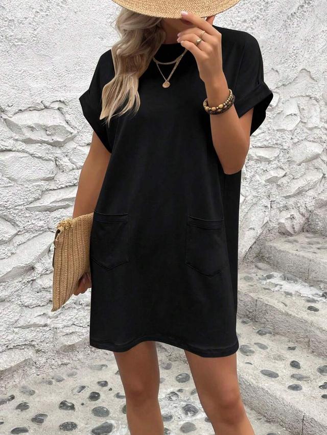 solid black batwing sleeve tee dress with patch pockets