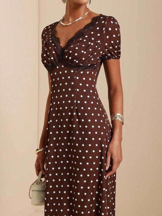 vesra women's brown polka dot lace trim vacation dress