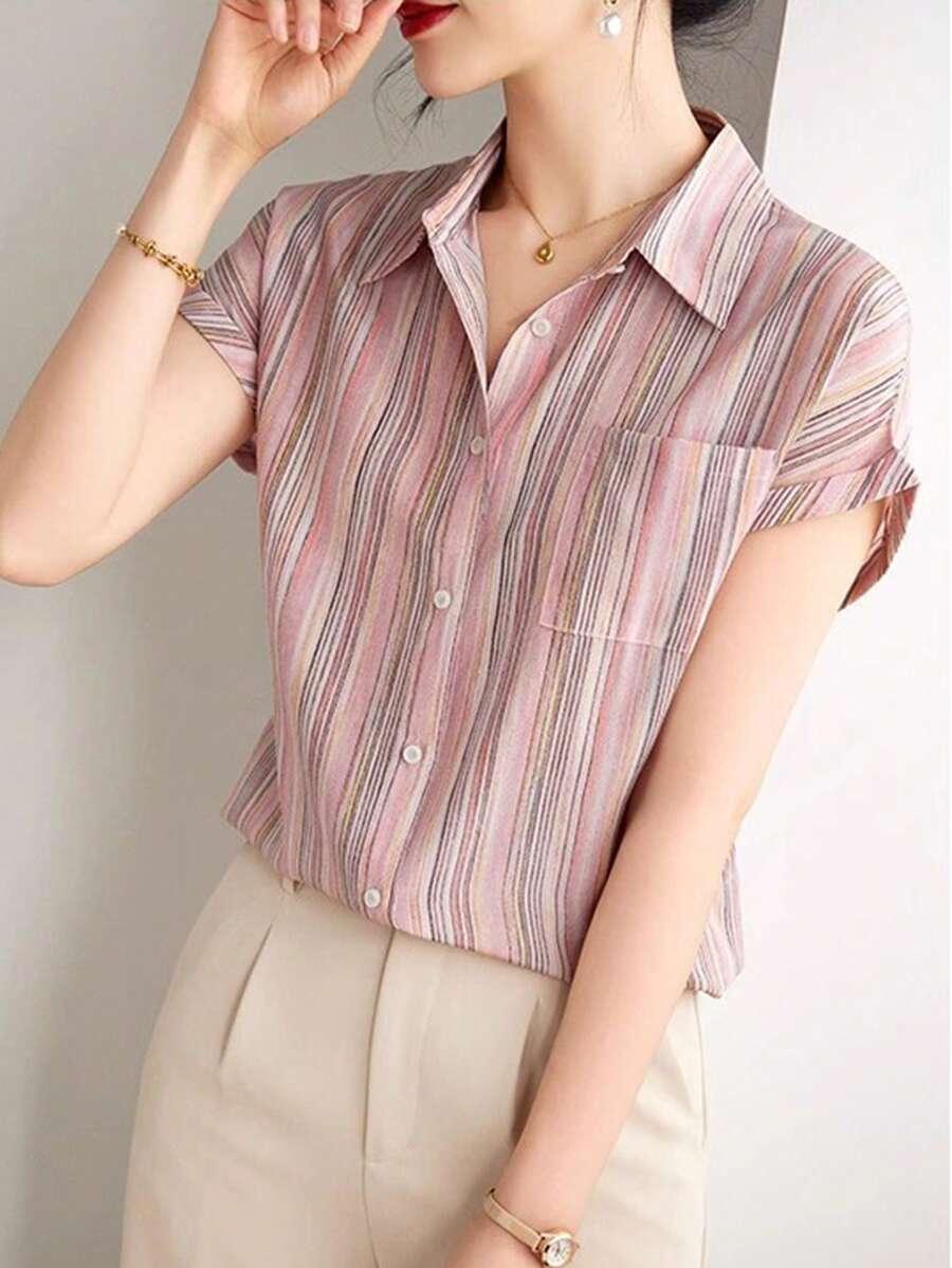 women's pink striped casual short sleeve flowing shirt