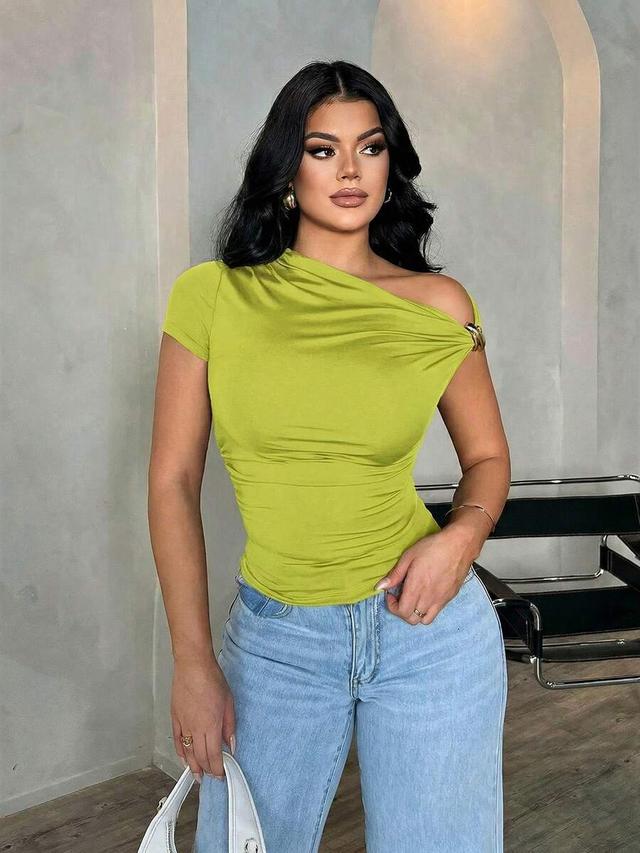 lime green asymmetric open shoulder casual blouse
