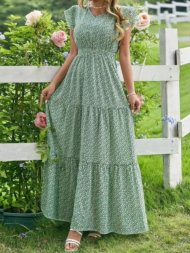 women's v-neck floral ruffle hem vacation dress