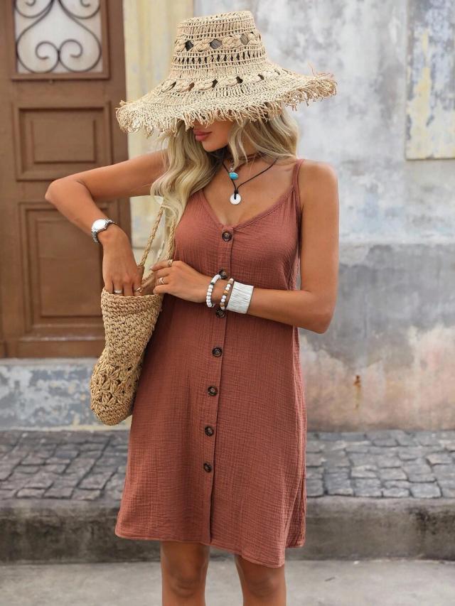 brillora button front cami dress in rust cotton gauze