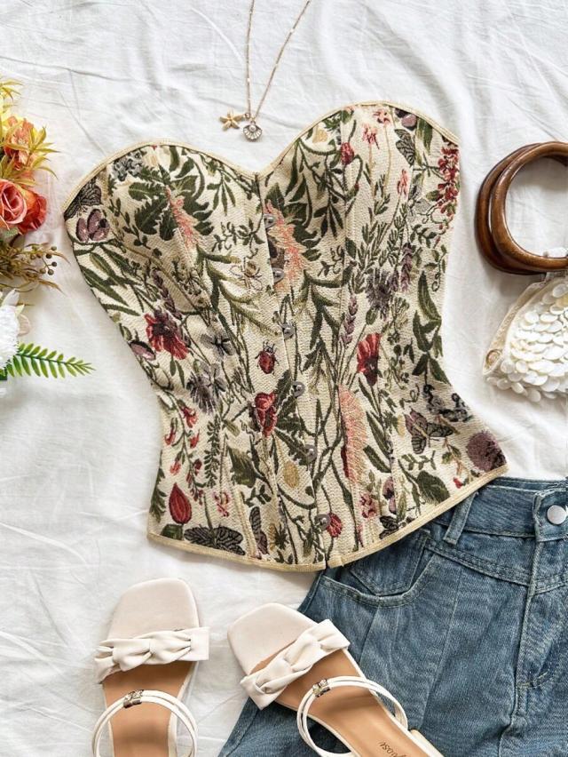 floral tapestry corset tube top with front buttons