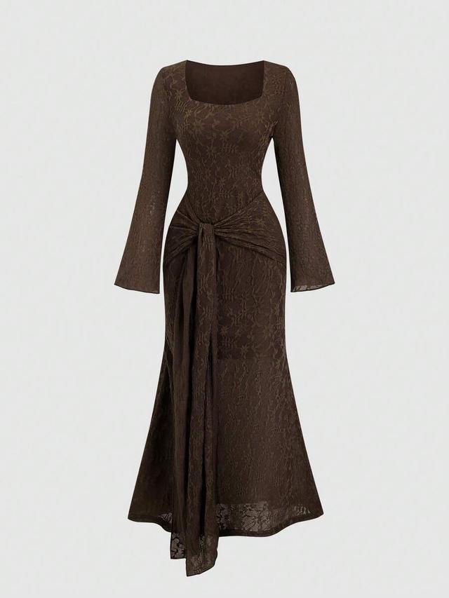 brown square neck long sleeve lace-up dress