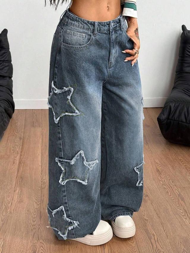 distressed star patch wide leg denim jeans