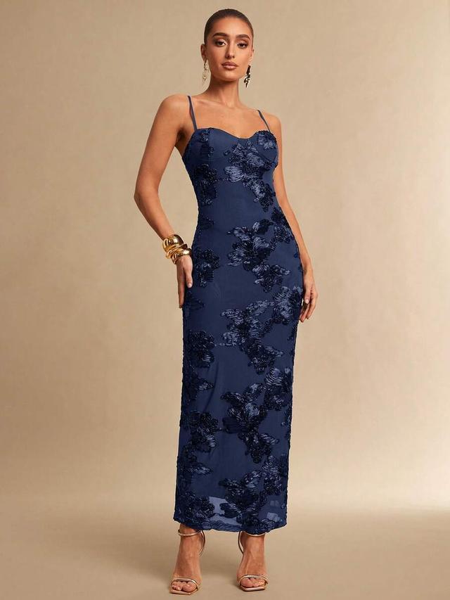 navy blue 3d floral camisole bodycon midi dress