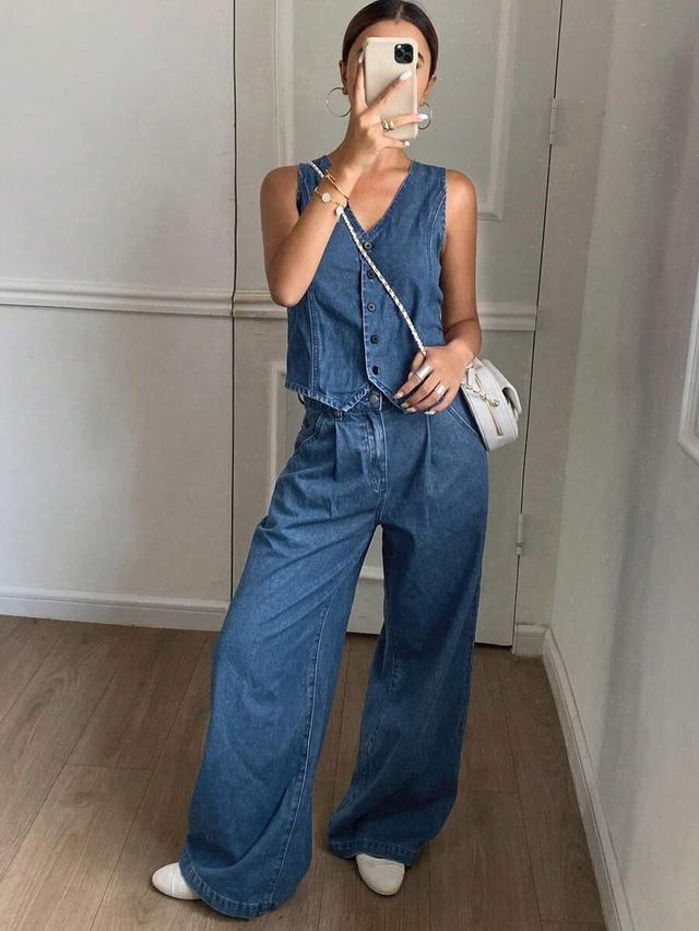 denim vest and wide leg pants set