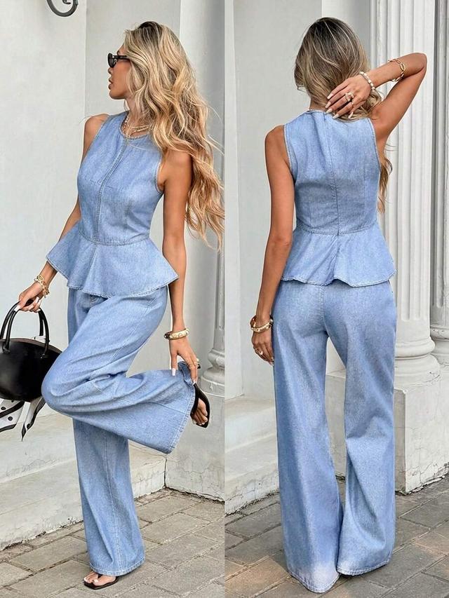 light wash denim peplum top and matching wide-leg trousers